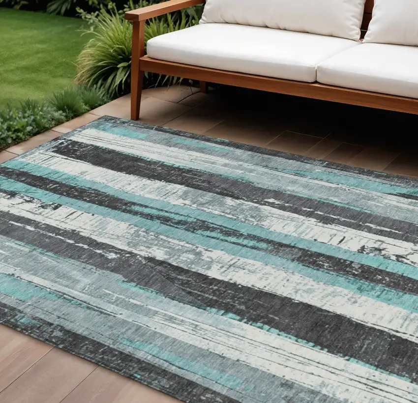 Teal Blue And Gray Striped Washable Indoor Outdoor Area Rug Photo 2