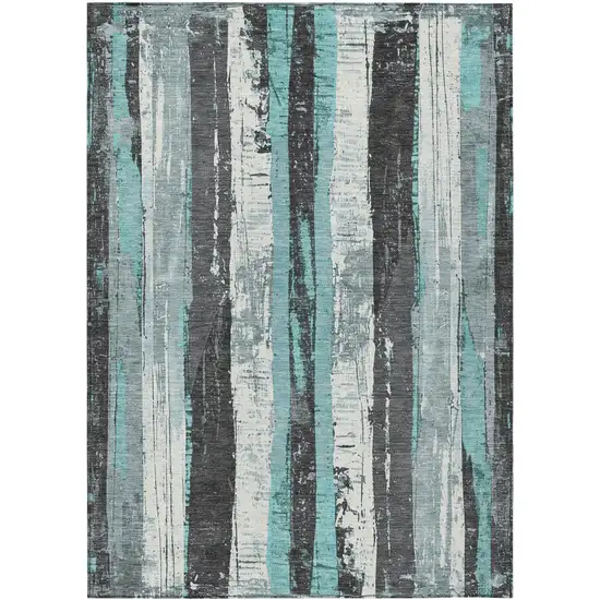 Teal Blue And Gray Striped Washable Indoor Outdoor Area Rug Photo 8
