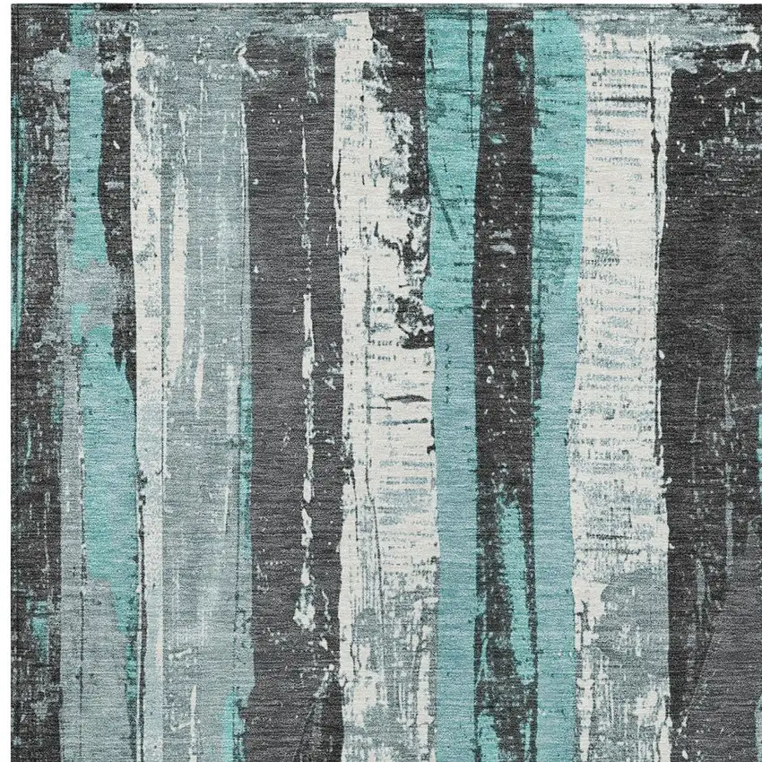 Teal Blue And Gray Striped Washable Indoor Outdoor Area Rug Photo 6