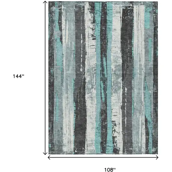Teal Blue And Gray Striped Washable Indoor Outdoor Area Rug Photo 9