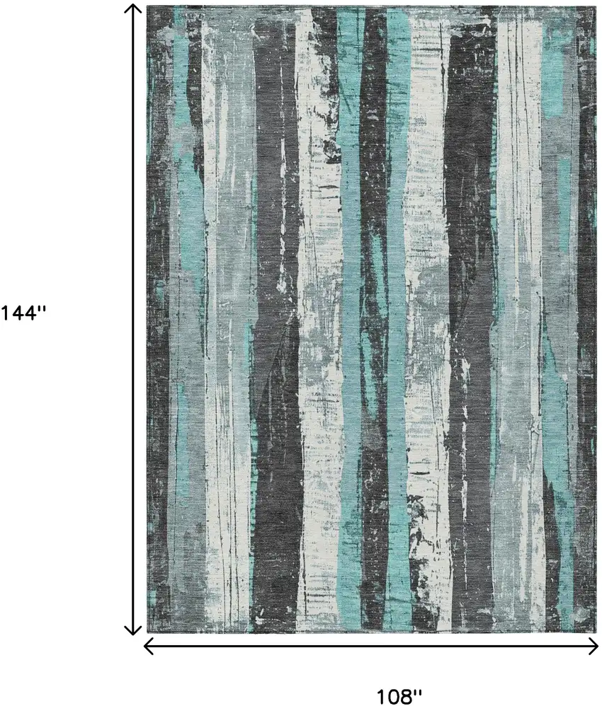 Teal Blue And Gray Striped Washable Indoor Outdoor Area Rug Photo 9