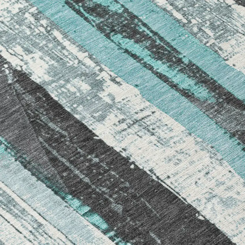 Teal Blue And Gray Striped Washable Indoor Outdoor Area Rug Photo 8