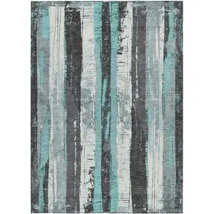 Photo of Teal Blue And Gray Striped Washable Indoor Outdoor Area Rug