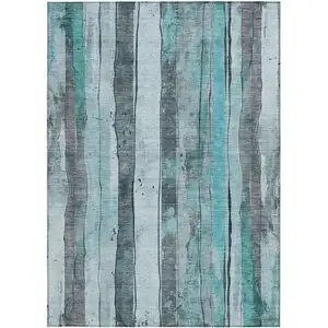 Photo of Teal Blue And Gray Striped Washable Indoor Outdoor Area Rug