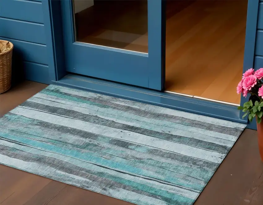 Teal Blue And Gray Striped Washable Indoor Outdoor Area Rug Photo 2