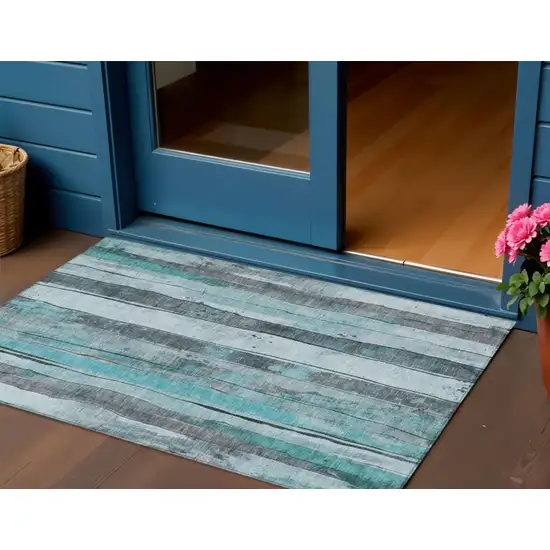 Teal Blue And Gray Striped Washable Indoor Outdoor Area Rug Photo 2