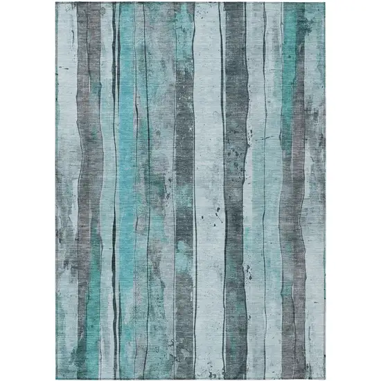 Teal Blue And Gray Striped Washable Indoor Outdoor Area Rug Photo 8