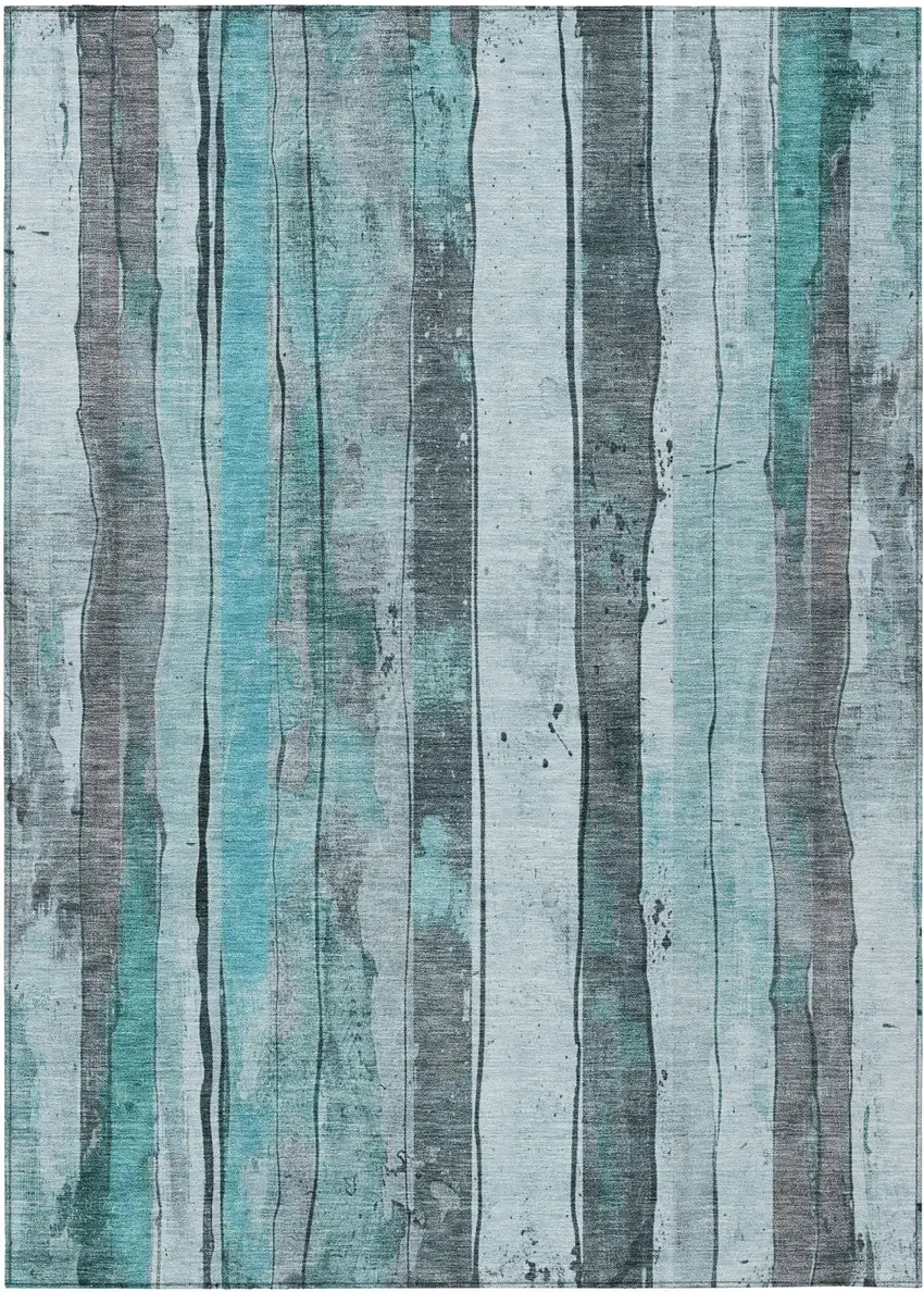 Teal Blue And Gray Striped Washable Indoor Outdoor Area Rug Photo 8