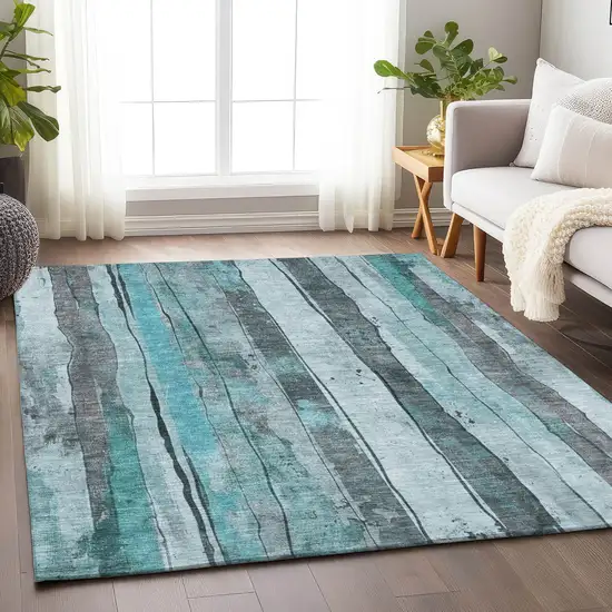 Teal Blue And Gray Striped Washable Indoor Outdoor Area Rug Photo 6
