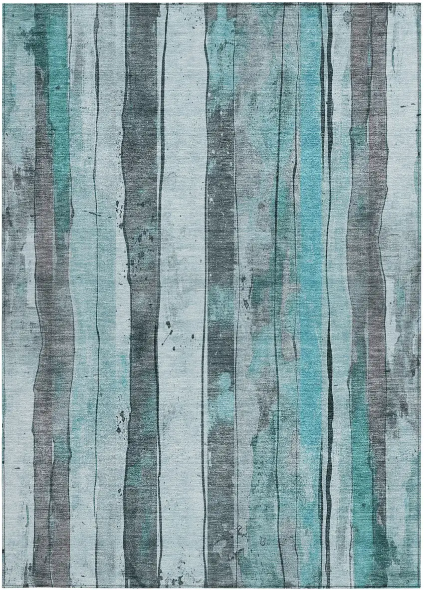 Teal Blue And Gray Striped Washable Indoor Outdoor Area Rug Photo 4