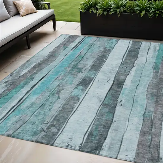 Teal Blue And Gray Striped Washable Indoor Outdoor Area Rug Photo 2