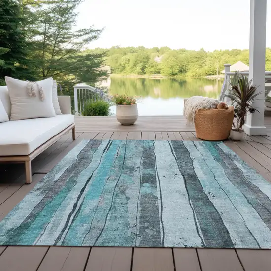 Teal Blue And Gray Striped Washable Indoor Outdoor Area Rug Photo 5