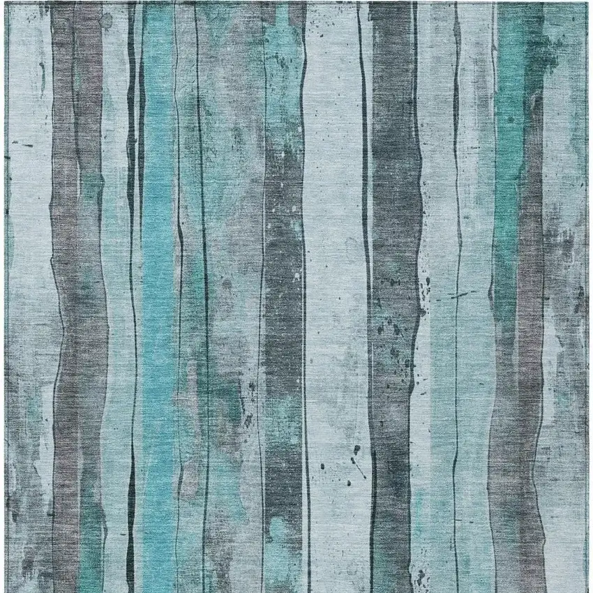 Teal Blue And Gray Striped Washable Indoor Outdoor Area Rug Photo 3