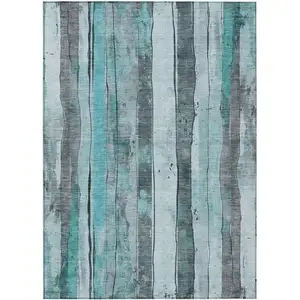 Photo of Teal Blue And Gray Striped Washable Indoor Outdoor Area Rug