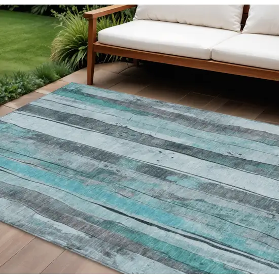 Teal Blue And Gray Striped Washable Indoor Outdoor Area Rug Photo 2