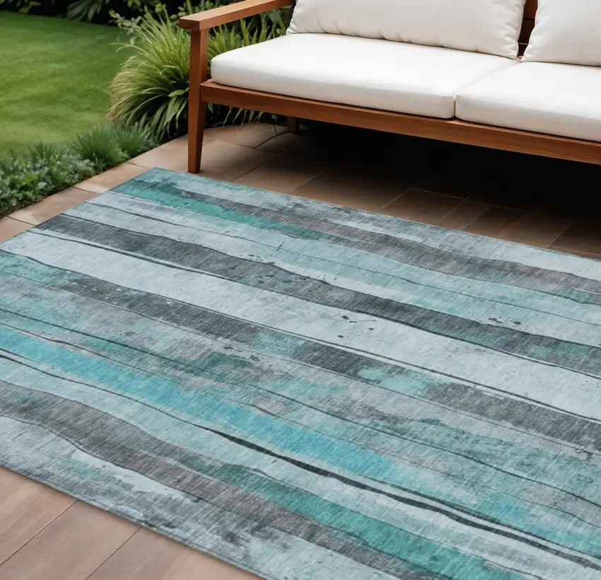 Teal Blue And Gray Striped Washable Indoor Outdoor Area Rug Photo 2