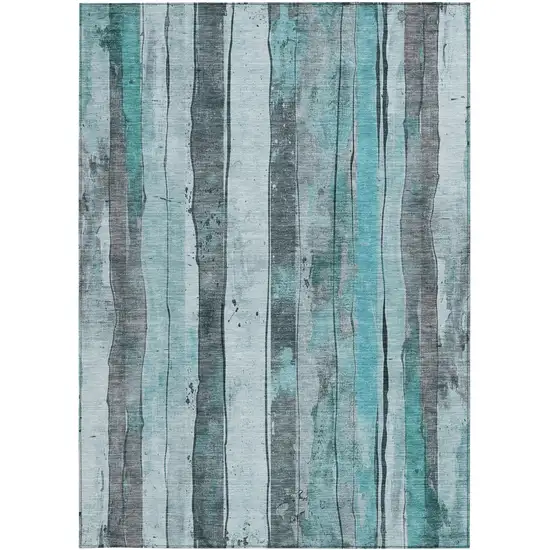 Teal Blue And Gray Striped Washable Indoor Outdoor Area Rug Photo 4