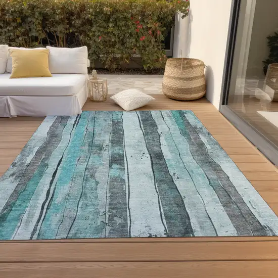 Teal Blue And Gray Striped Washable Indoor Outdoor Area Rug Photo 8