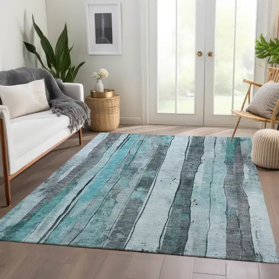 Teal Blue And Gray Striped Washable Indoor Outdoor Area Rug Photo 7