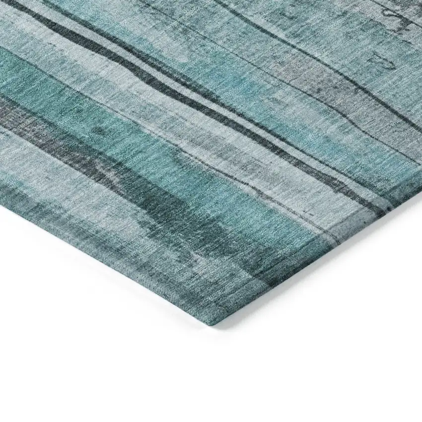 Teal Blue And Gray Striped Washable Indoor Outdoor Area Rug Photo 9
