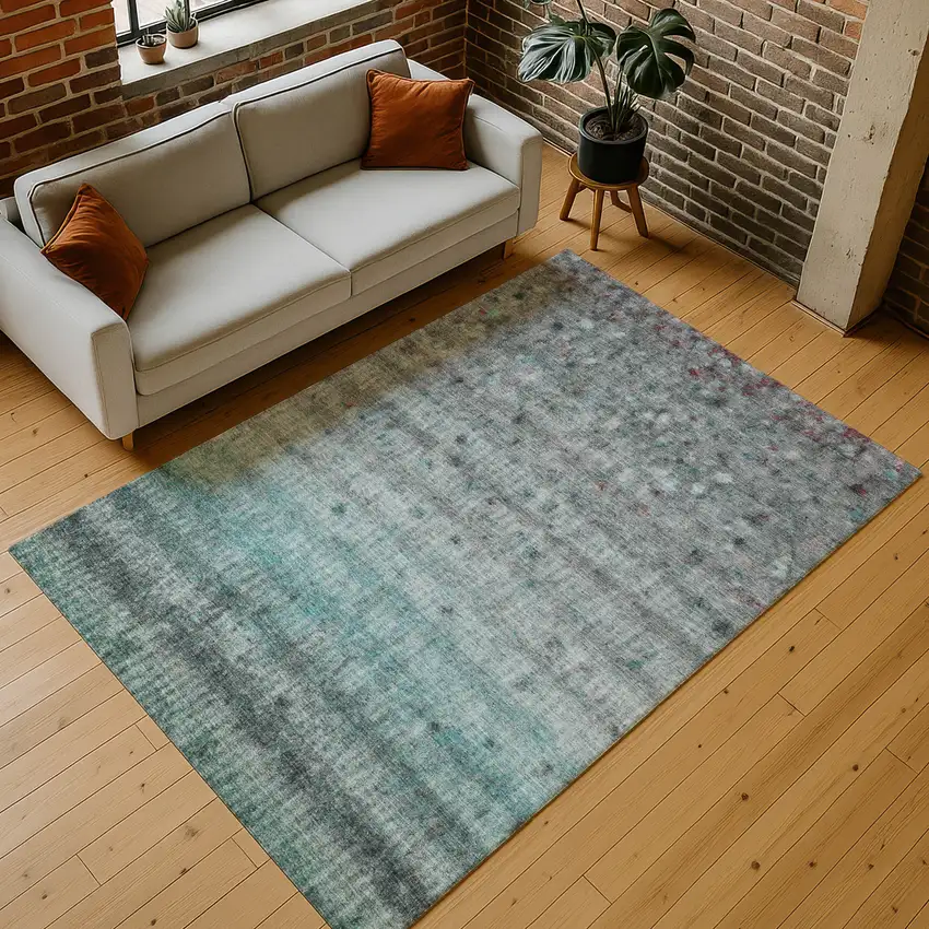 Teal Blue And Gray Striped Washable Indoor Outdoor Area Rug Photo 8