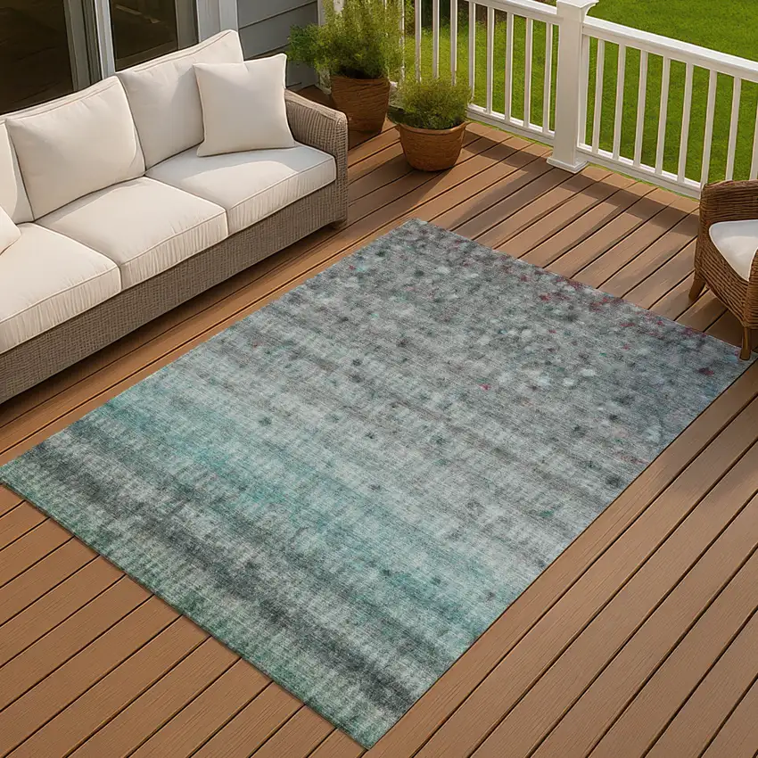 Teal Blue And Gray Striped Washable Indoor Outdoor Area Rug Photo 6