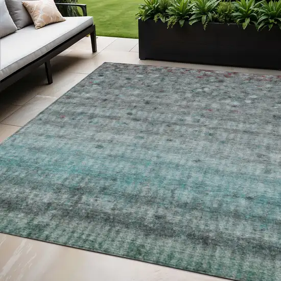 Teal Blue And Gray Striped Washable Indoor Outdoor Area Rug Photo 1