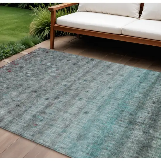 Teal Blue And Gray Striped Washable Indoor Outdoor Area Rug Photo 1