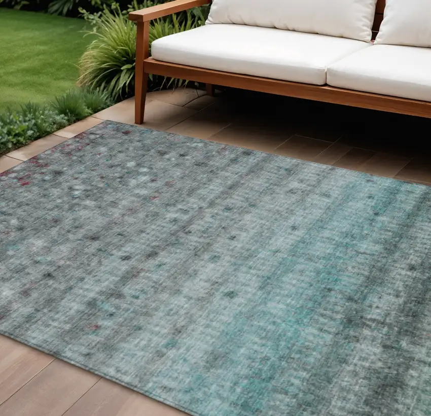 Teal Blue And Gray Striped Washable Indoor Outdoor Area Rug Photo 1