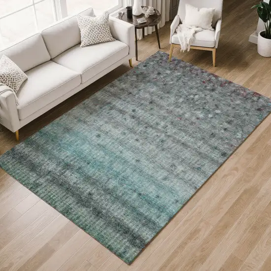 Teal Blue And Gray Striped Washable Indoor Outdoor Area Rug Photo 8