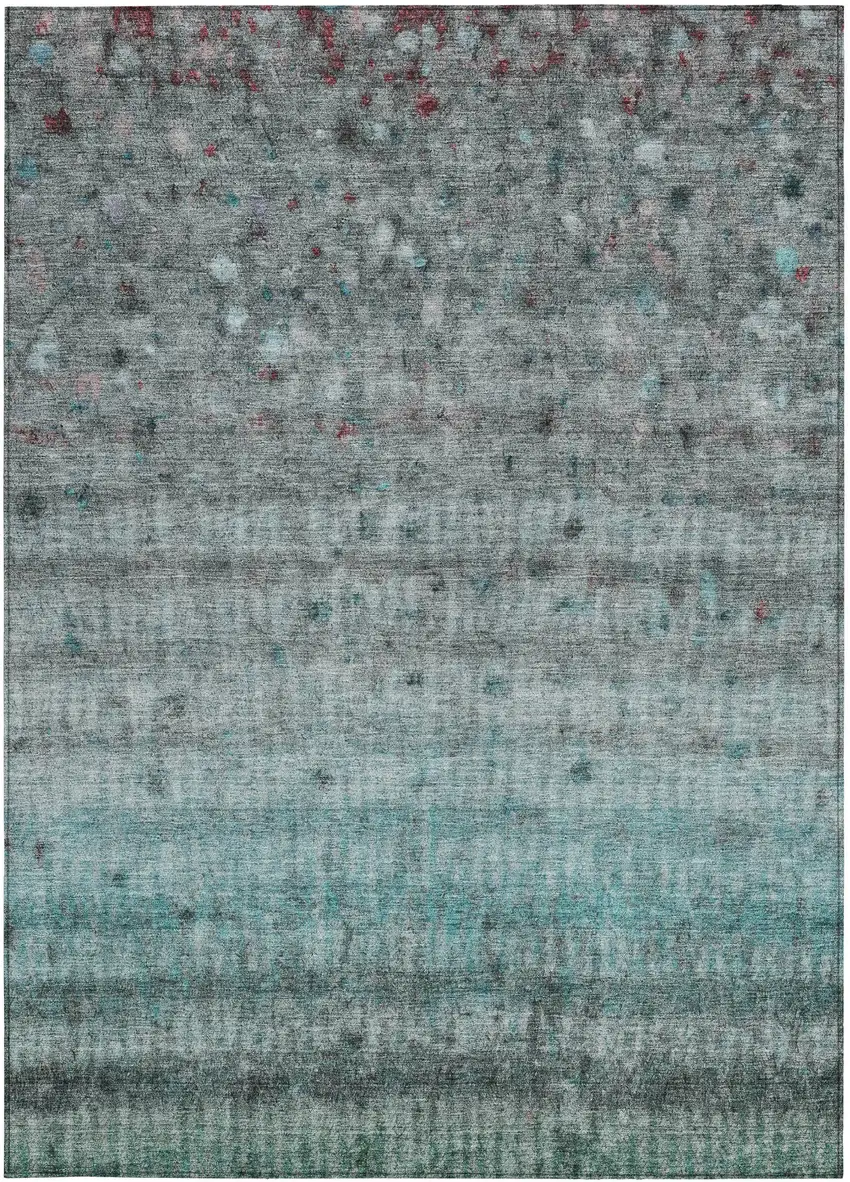 Teal Blue And Gray Striped Washable Indoor Outdoor Area Rug Photo 4