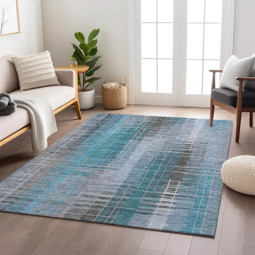 Teal Blue And Gray Striped Washable Indoor Outdoor Area Rug Photo 8