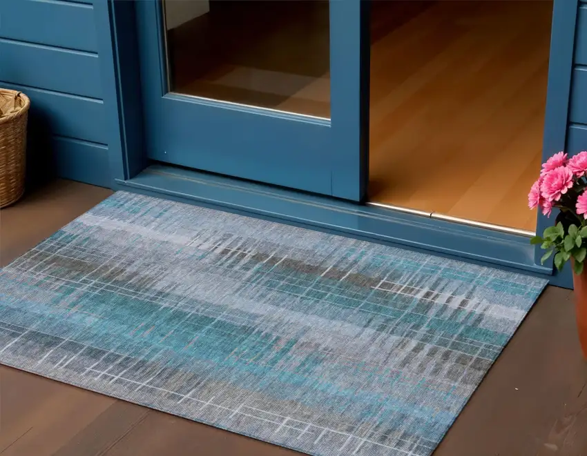 Teal Blue And Gray Striped Washable Indoor Outdoor Area Rug Photo 1