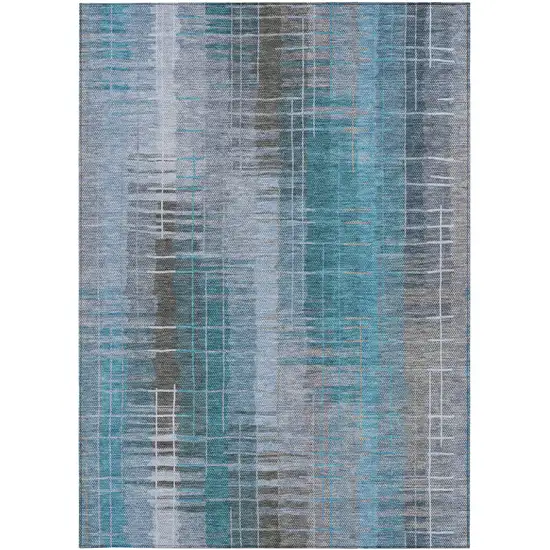Teal Blue And Gray Striped Washable Indoor Outdoor Area Rug Photo 5