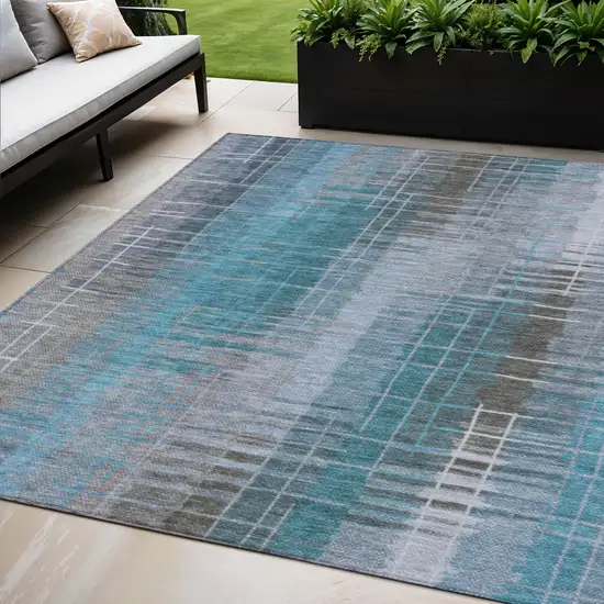 Teal Blue And Gray Striped Washable Indoor Outdoor Area Rug Photo 1