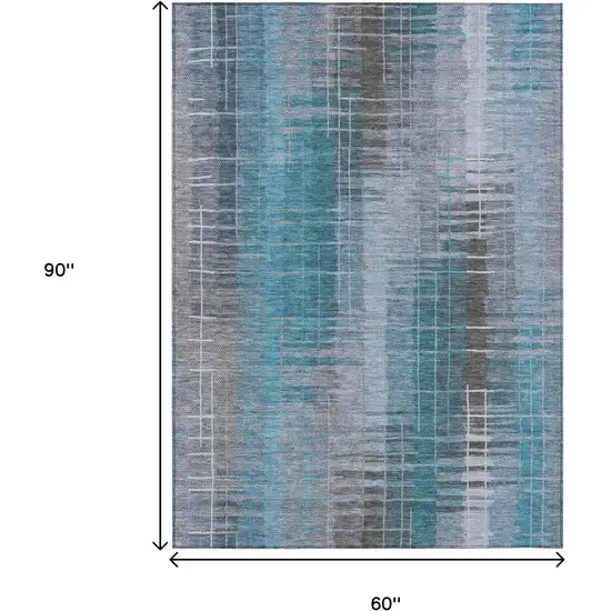 Teal Blue And Gray Striped Washable Indoor Outdoor Area Rug Photo 3