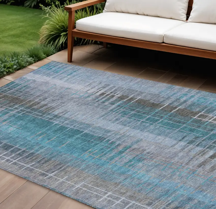 Teal Blue And Gray Striped Washable Indoor Outdoor Area Rug Photo 1