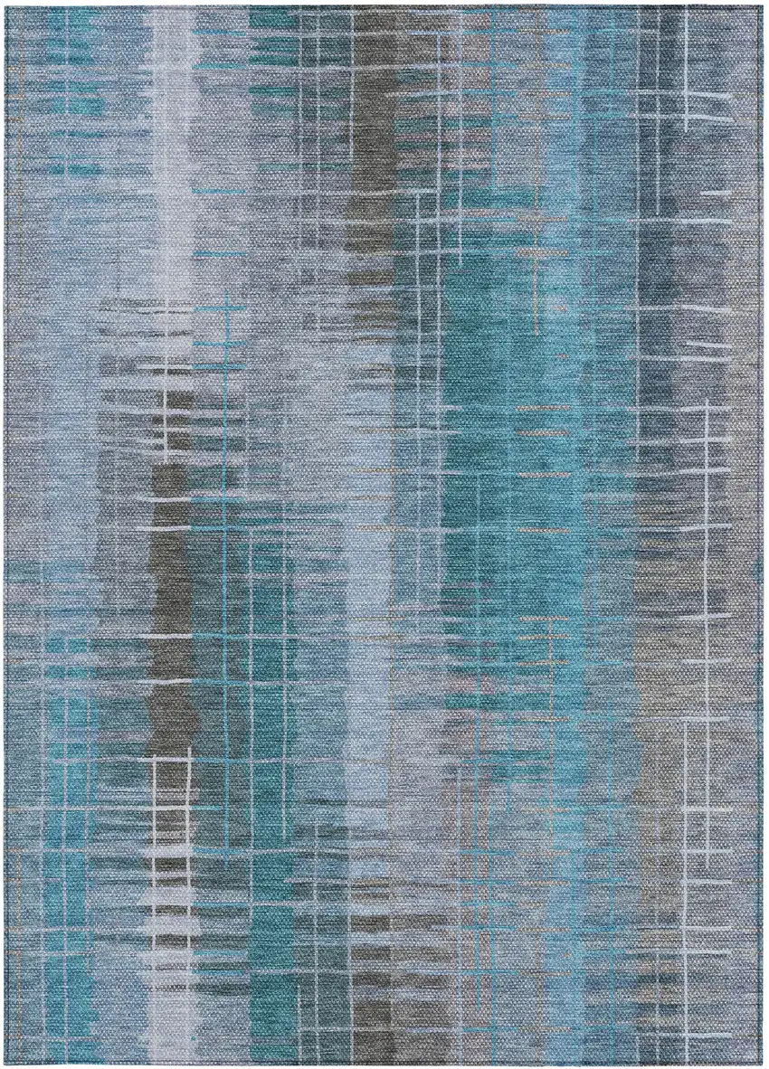 Teal Blue And Gray Striped Washable Indoor Outdoor Area Rug Photo 4