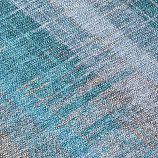 Teal Blue And Gray Striped Washable Indoor Outdoor Area Rug Photo 7