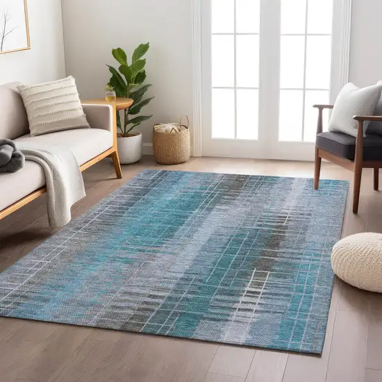 Teal Blue And Gray Striped Washable Indoor Outdoor Area Rug Photo 9