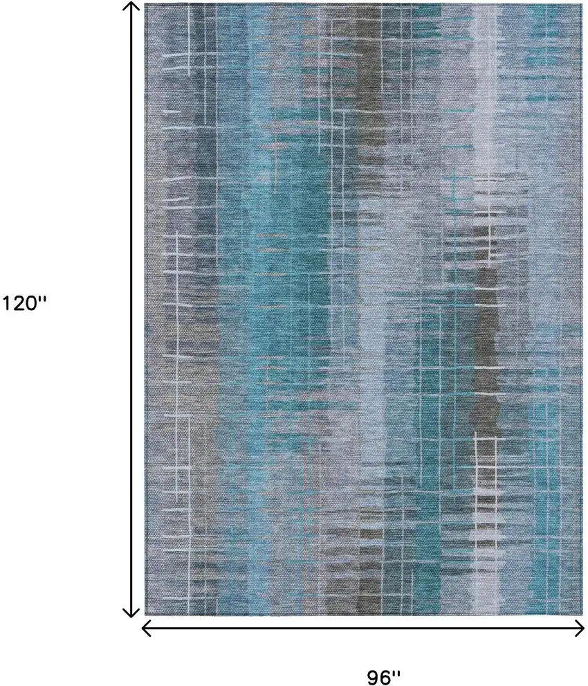 Teal Blue And Gray Striped Washable Indoor Outdoor Area Rug Photo 3