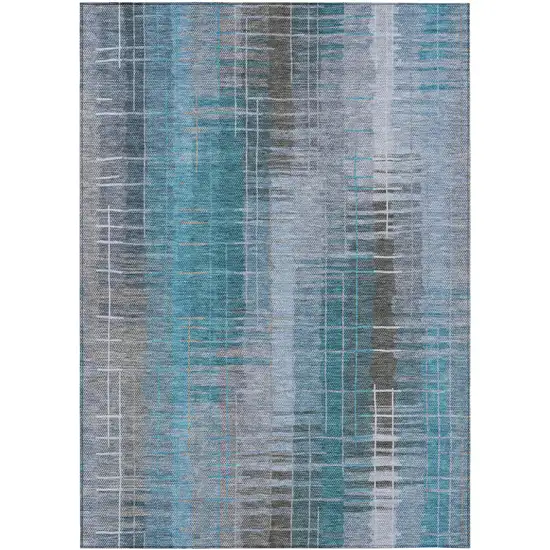 Teal Blue And Gray Striped Washable Indoor Outdoor Area Rug Photo 2