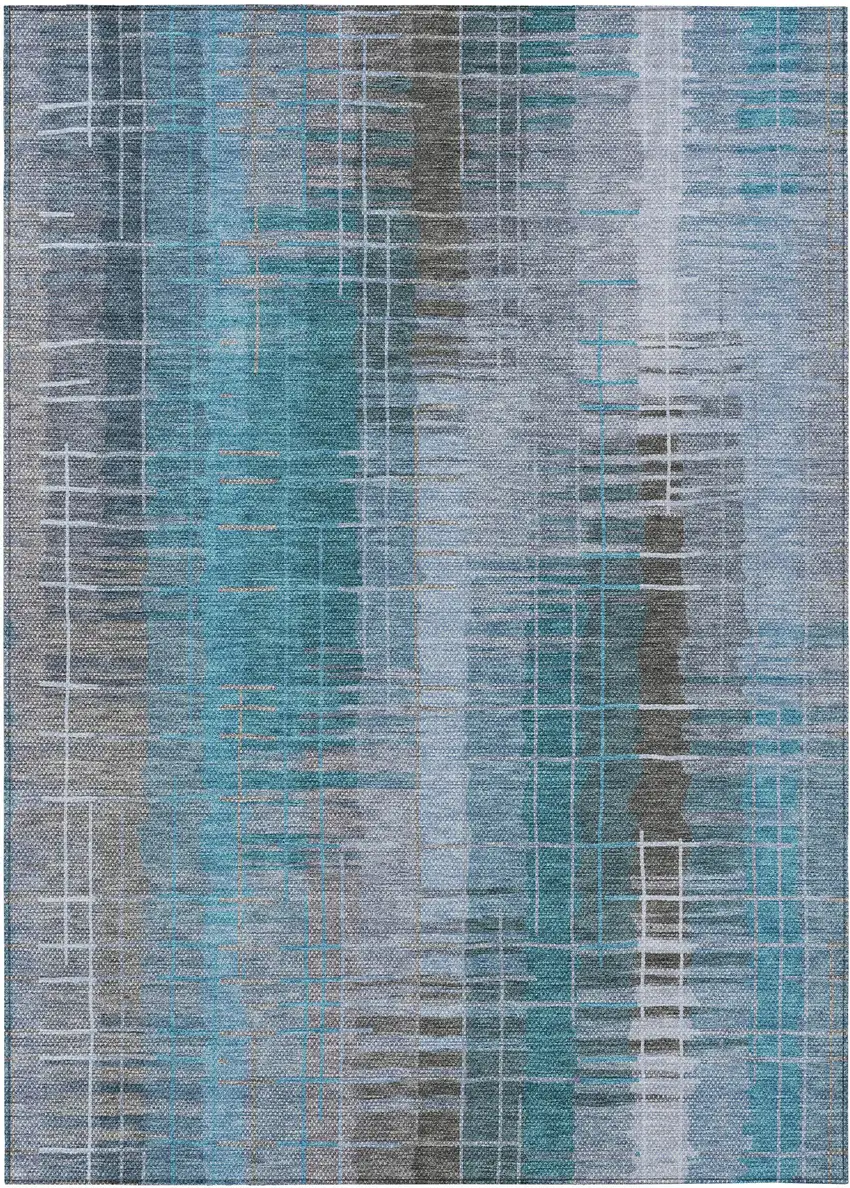 Teal Blue And Gray Striped Washable Indoor Outdoor Area Rug Photo 2