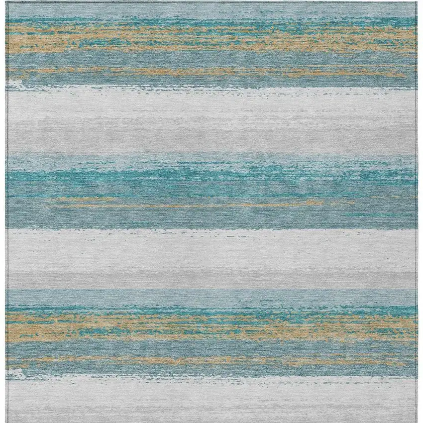 Teal Blue And Gray Striped Washable Indoor Outdoor Area Rug Photo 4