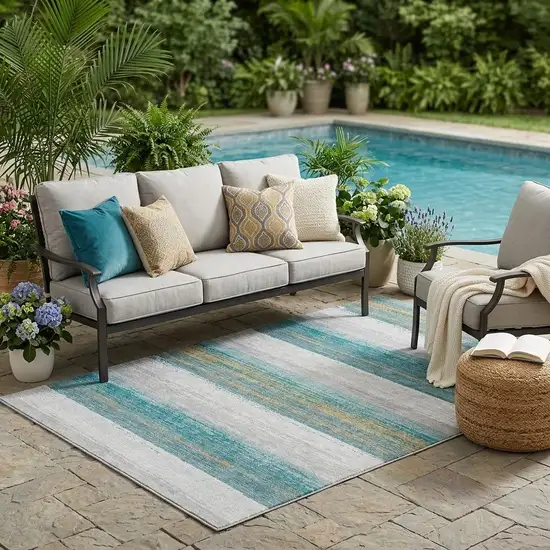 Teal Blue And Gray Striped Washable Indoor Outdoor Area Rug Photo 1