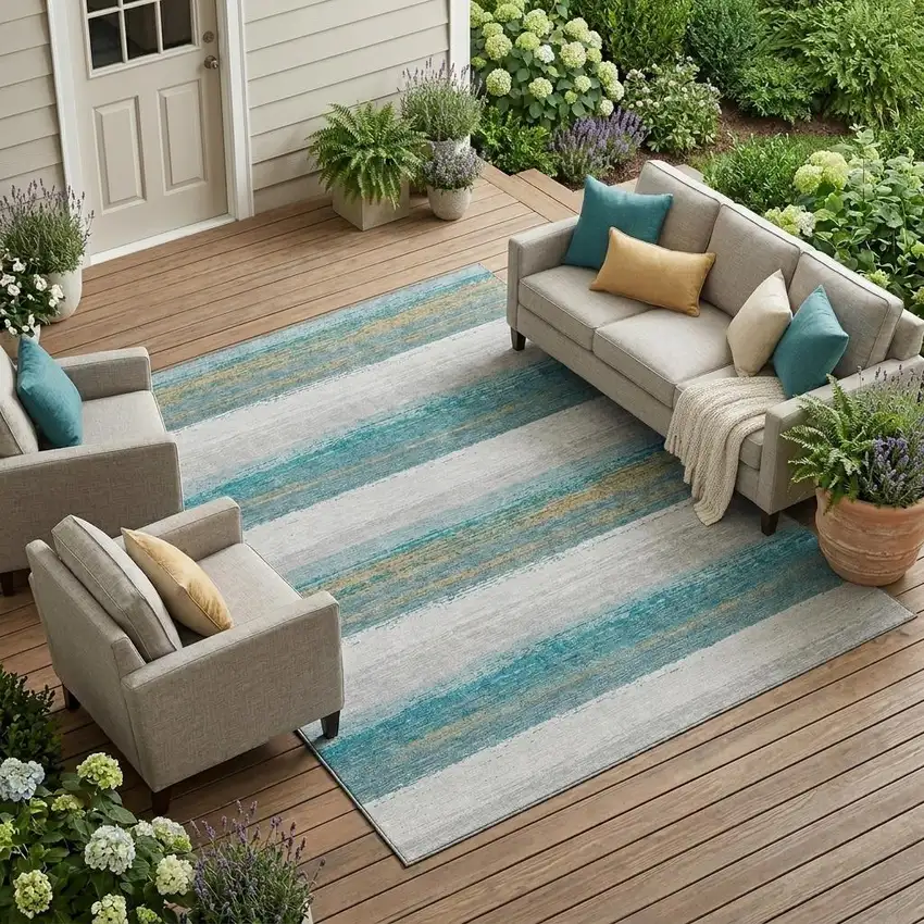Teal Blue And Gray Striped Washable Indoor Outdoor Area Rug Photo 1