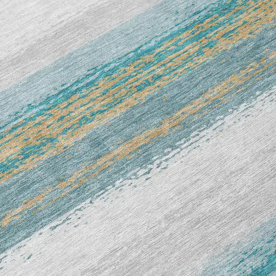 Teal Blue And Gray Striped Washable Indoor Outdoor Area Rug Photo 6