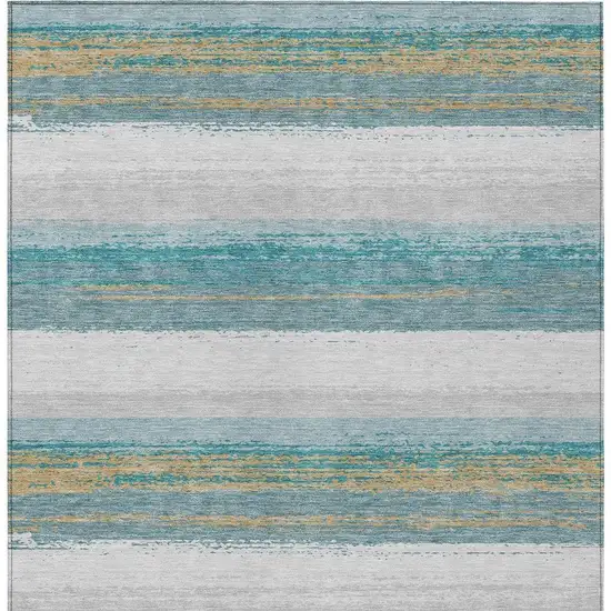 Teal Blue And Gray Striped Washable Indoor Outdoor Area Rug Photo 4