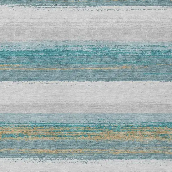 Teal Blue And Gray Striped Washable Indoor Outdoor Area Rug Photo 3