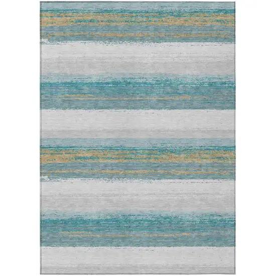 Teal Blue And Gray Striped Washable Indoor Outdoor Area Rug Photo 2